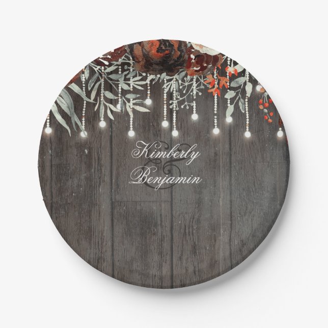 Rustic Barn Wood Texture Old Aged Burgundy Floral Paper Plates (Front)