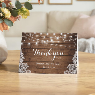 Rustic Barn Wood Twinkle Lights Lace Letterpress Thank You Card