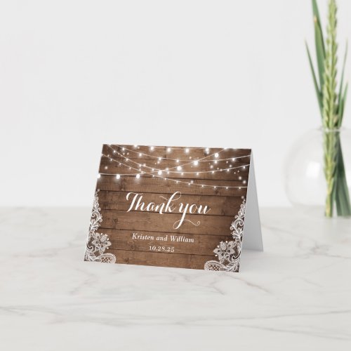 Rustic Barn Wood Twinkle Lights Lace Thank You Card