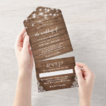 Rustic Barn Wood Twinkle Lights Lace Wedding All In One Invitation<br><div class="desc">These "Rustic Barn Wood Twinkle Lights Lace Wedding All in One Invitations" are designed with an easy to tear off perforated RSVP postcard. Just simply fold each card into the outlined shape,  and then seal and send - no envelope needed for shipping.</div>