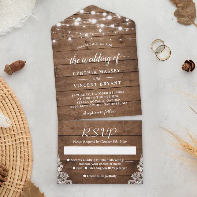 Rustic Barn Wood Twinkle Lights Wedding All In One Invitation | Zazzle