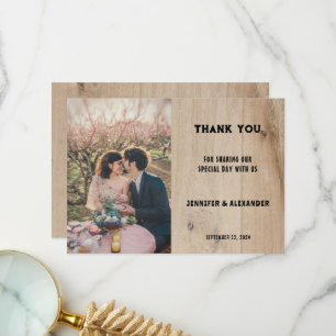 Rustic barn wood typography photo country wedding thank you card