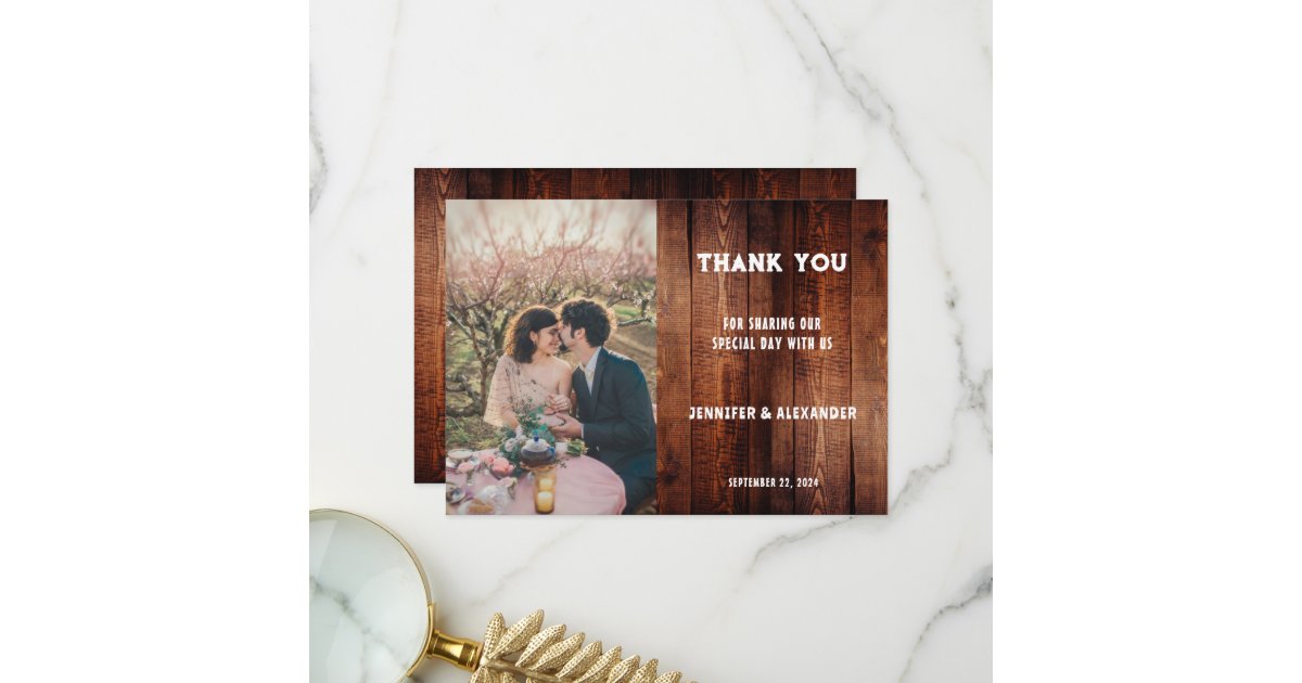 Rustic barn wood typography photo country wedding thank you card | Zazzle