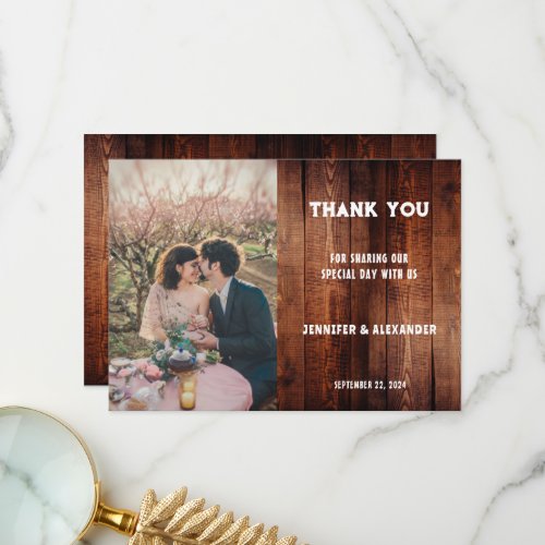 Rustic barn wood typography photo country wedding thank you card