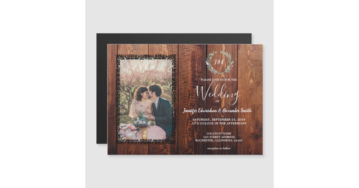 Rustic barn wood vintage photo wedding magnetic invitation | Zazzle