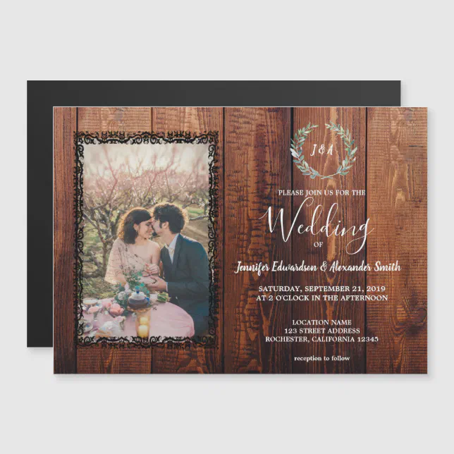 Rustic barn wood vintage photo wedding magnetic invitation | Zazzle