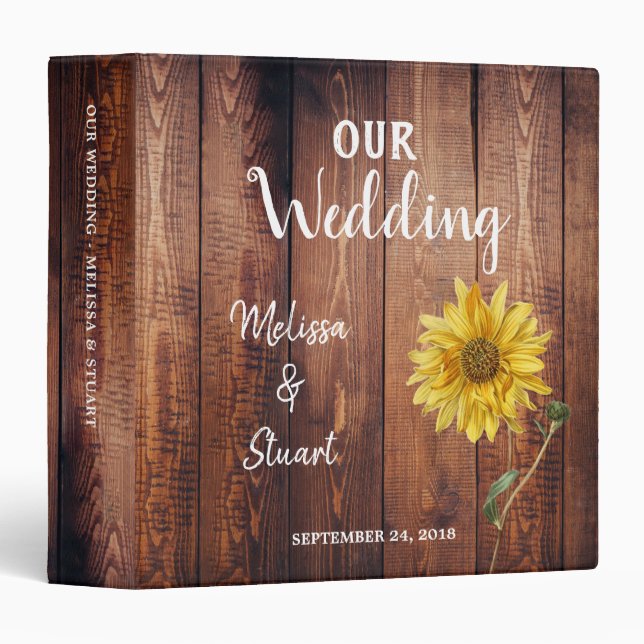 Rustic barn wood watercolor sunflower Wedding 3 Ring Binder (Front/Spine)
