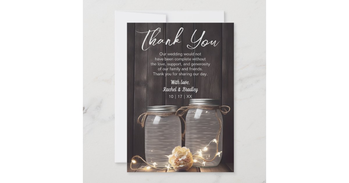Rustic Barn Wood Wedding Mason Jar Light Floral Thank You Card | Zazzle