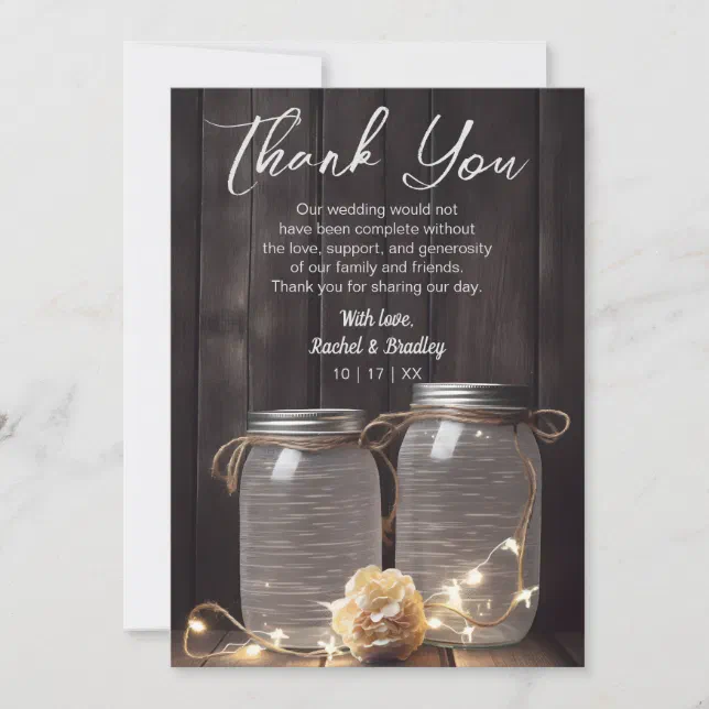 Rustic Barn Wood Wedding Mason Jar Light Floral Thank You Card | Zazzle