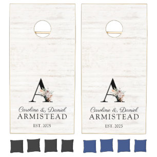 Rustic Barn Wood Wedding Monogram Couple Cornhole Set