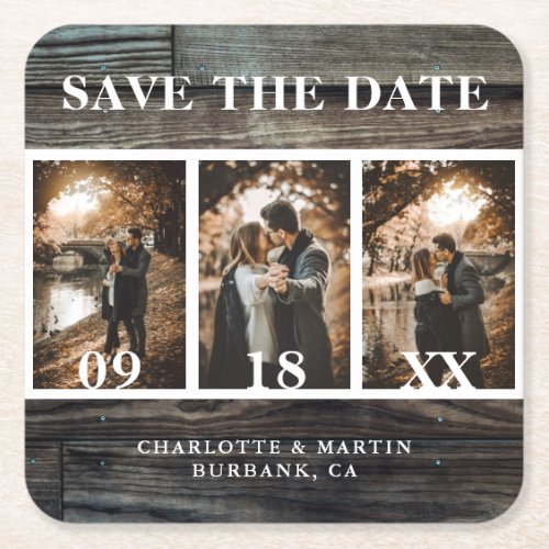 Rustic Barn Wood Wedding Photo Save The Date Square Paper Coaster