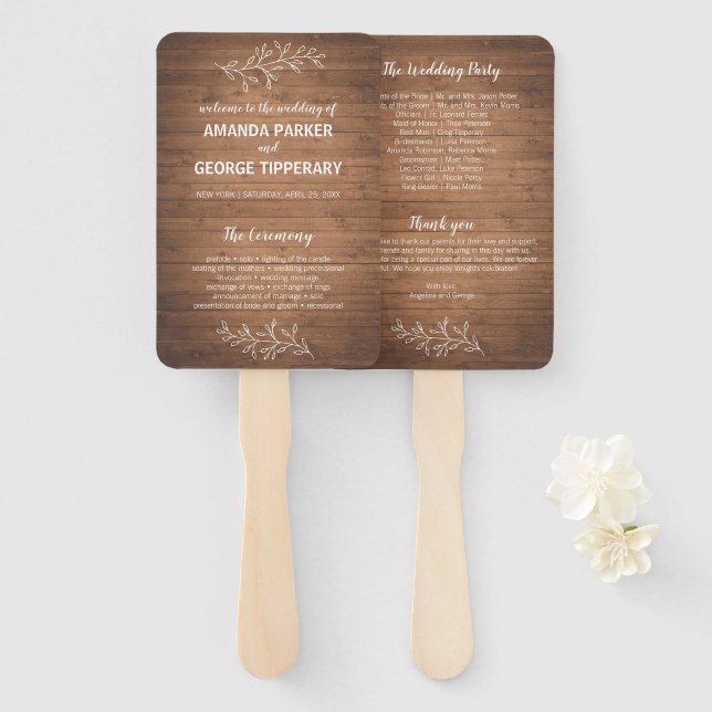 Rustic barn wood wedding program fan (Front and Back)