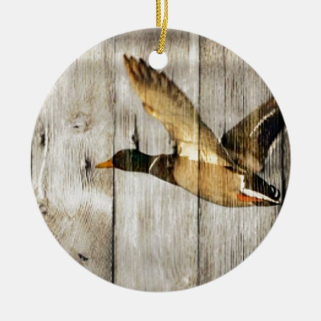 Rustic Barn wood Western Country flying Wild Duck Ceramic Ornament (Front)