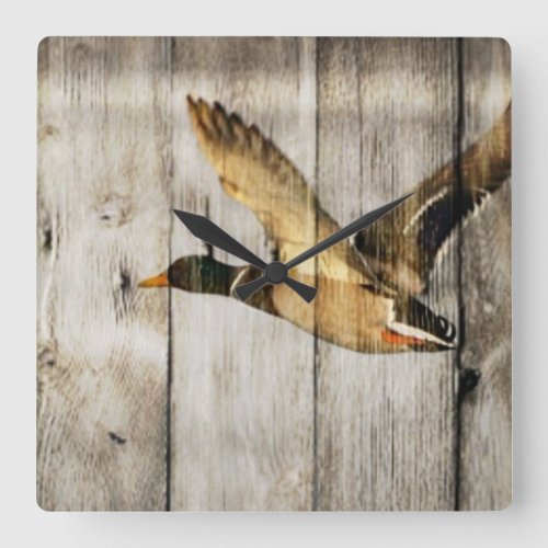 Rustic Barn wood Western Country flying Wild Duck Square Wall Clock