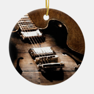 Rustic Barn Wood Western Country Music Guitar Ceramic Ornament