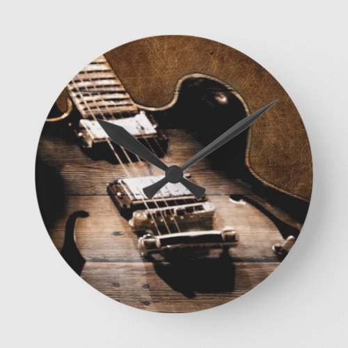 Rustic Barn Wood Western Country Music Guitar Round Clock