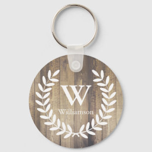 Rustic Barn Wood & White Country Laurels Monogram Keychain