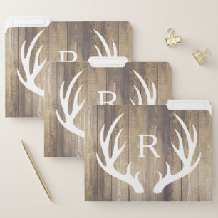 Rustic Barn Wood & White Deer Antlers Monogram File Folder