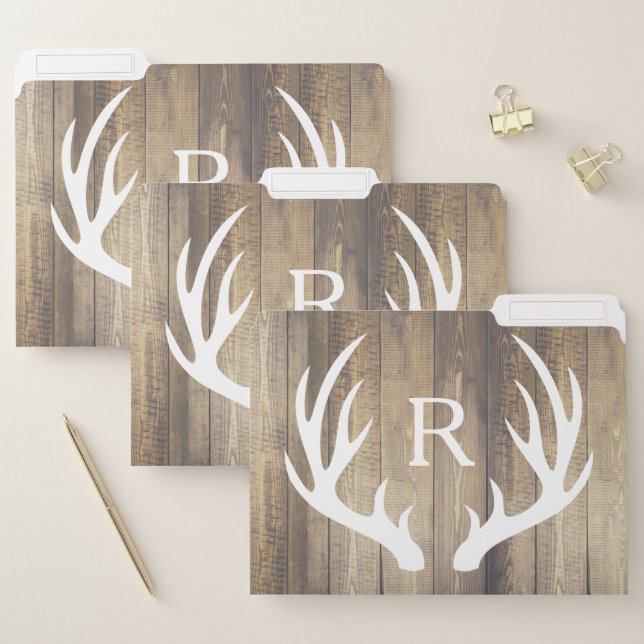 Rustic Barn Wood & White Deer Antlers  | Monogram File Folder (Set)