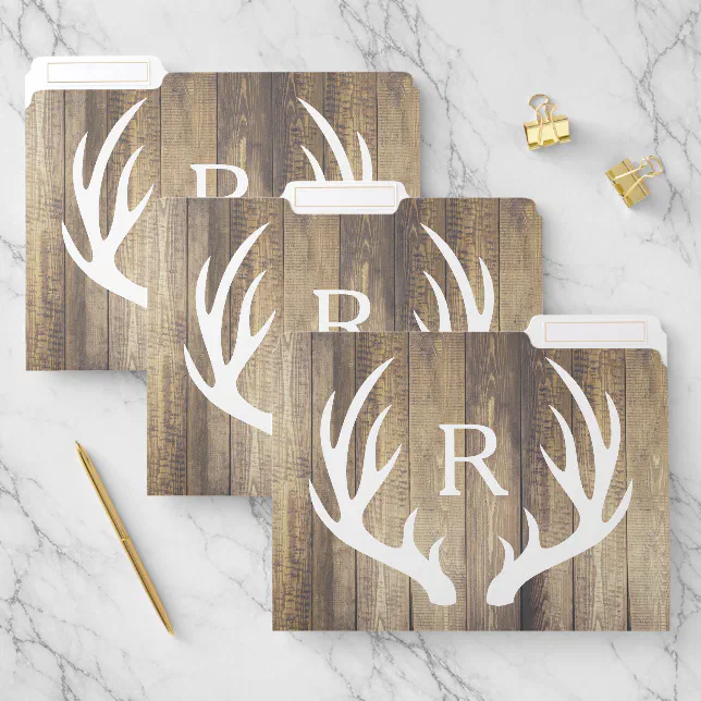 Rustic File Folder Rustic Barn Wood & White Deer Antlers | Monogram File Folder | Zazzle