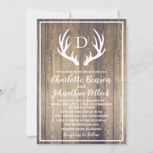 Rustic Barn Wood  White Deer Antlers Wedding Invitation