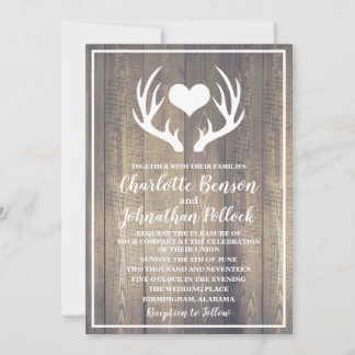 Rustic Barn Wood & White Deer Antlers Wedding Invitation