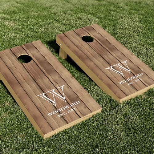 Rustic Barn Wood White Family Monogram Cornhole Set