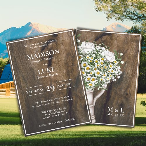 Rustic Barn Wood White Flowers Wedding Invitation