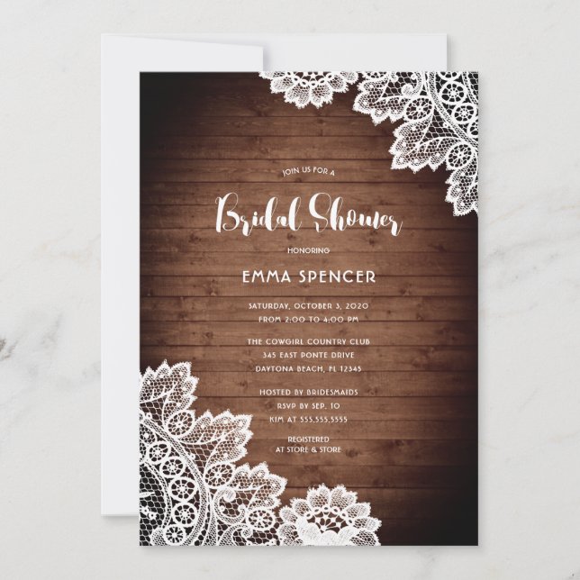 Rustic Barn Wood White Lace Bridal Shower Invitation (Front)