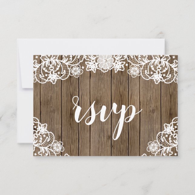 Rustic Barn Wood White Lace Calligraphy Wedding RSVP Card (Front)