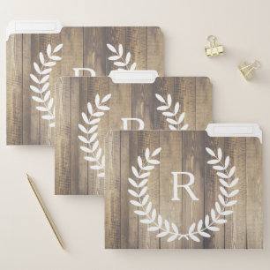 Rustic Barn Wood & White Laurels Monogram File Folder
