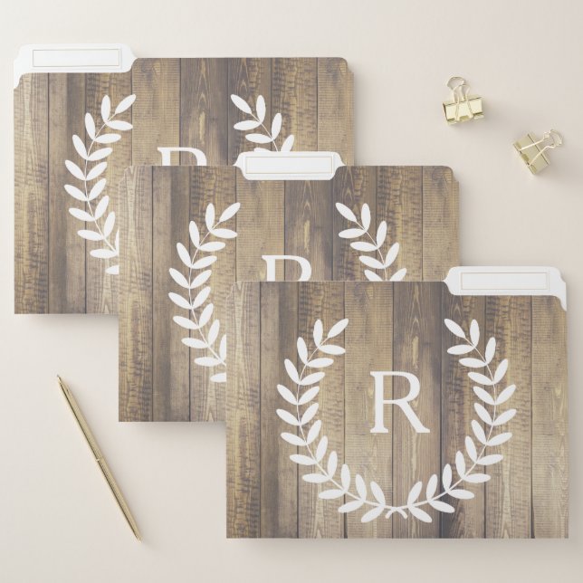 Rustic Barn Wood & White Laurels  | Monogram File Folder (Set)