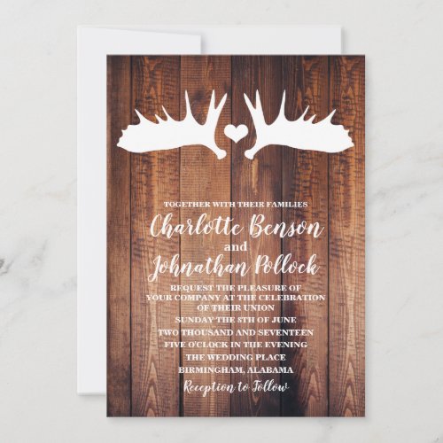 Rustic Barn Wood  White Moose Antlers Wedding Invitation