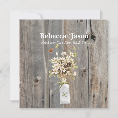 elegant grey barnwood  floral country wedding personalized invitations