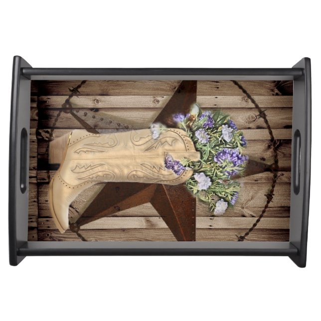 rustic barn wood wildflower cowboy western star serving tray (Front)