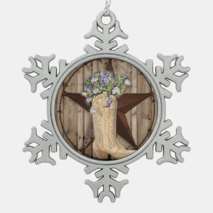 rustic barn wood wildflower cowboy western star snowflake pewter christmas ornament
