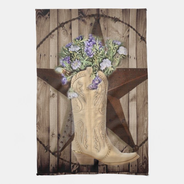 rustic barn wood wildflower western star cowgirl kitchen towel (Vertical)