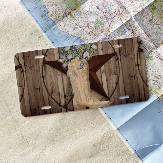 rustic barn wood wildflower western star cowgirl license plate (In Situ)