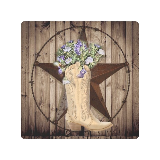 rustic barn wood wildflower western star cowgirl metal print (Front)