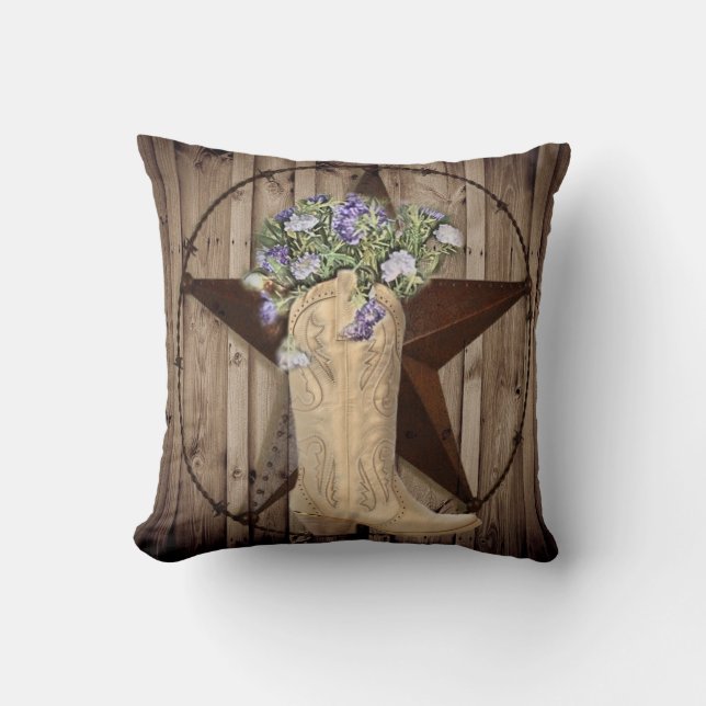 rustic barn wood wildflower western star cowgirl throw pillow (Front)