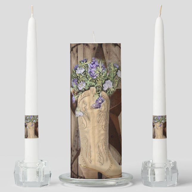 rustic barn wood wildflower western star cowgirl unity candle set (Front)