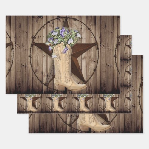 rustic barn wood wildflower western star cowgirl wrapping paper sheets