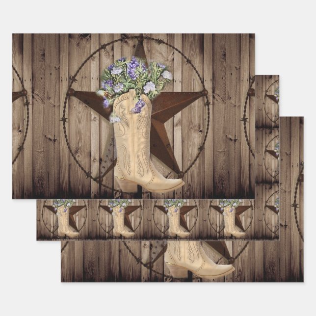 rustic barn wood wildflower western star cowgirl wrapping paper sheets (Set)