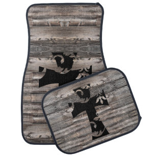 rustic barn wood with floral cross car floor mat