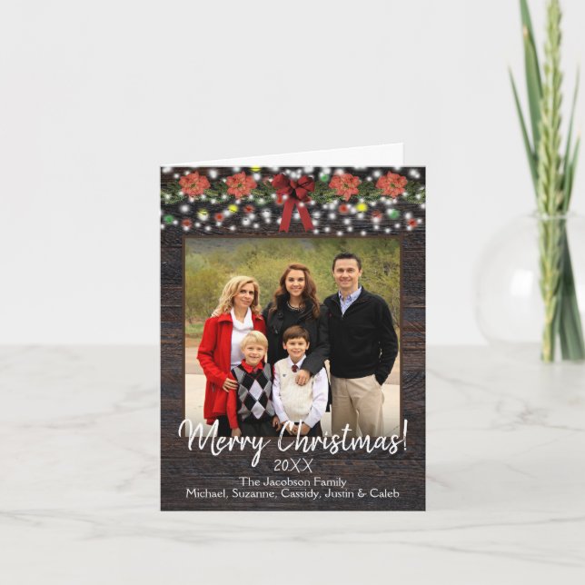 Rustic Barn Wood with Garland & Lights Photo Holiday Card (Front)