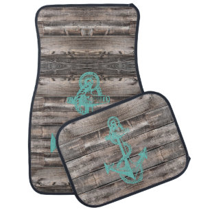 rustic barn wood with teal boat anchor car floor mat