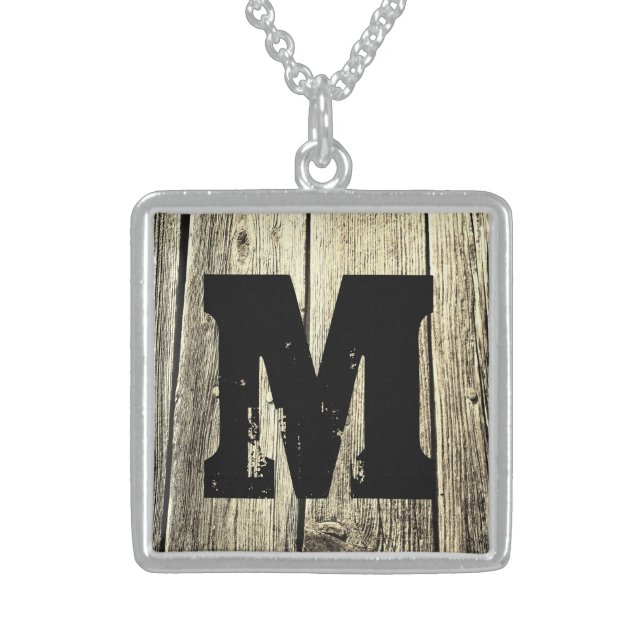 Rustic Barn Wood with Your Monogram Minimalist  Sterling Silver Necklace (Front)