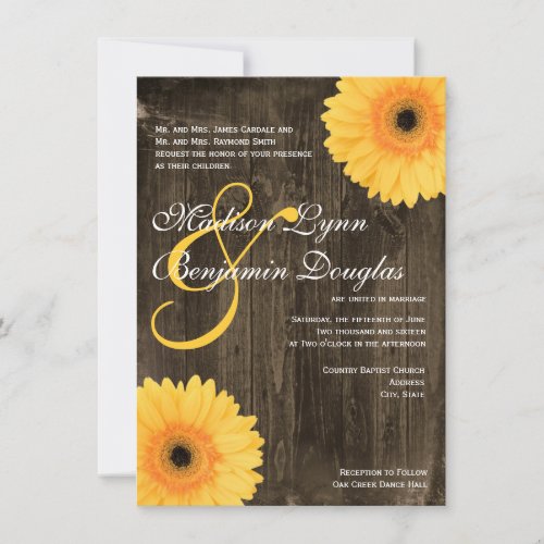 Rustic Barn Wood Yellow Daisy Wedding Invitations