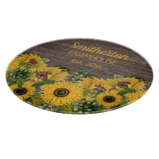 Rustic Barn Wood Yellow Sunflower Family Farmhouse Cutting Board