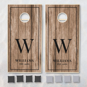 Rustic Barn Wooden Board Family Name Monogram Cornhole Set